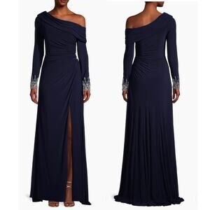 Sexy Mac Duggal Midnight Blue Maxi Dress with silver beading